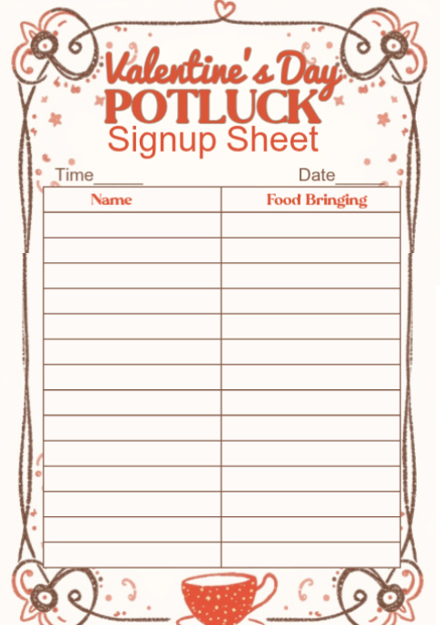 Plantilla de White Valentine's Day Potluck Signup sheet A6 | PosterMyWall