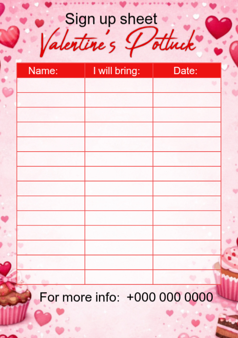 White Valentine's Potluck Sign-Up Sheet A5 Template | PosterMyWall