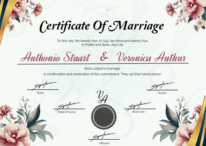 White Vintage Certificate of Marriage fruitfulness peace love harmony blissA4 template