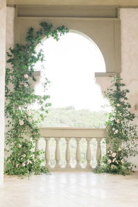 White Wedding Venue Poster. “Elegant Floral Arch Balcony – Romantic Mediterranean Garden View Decor” template