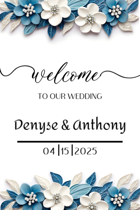 White welcome sign card blue floral border Templat | PosterMyWall