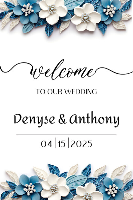 White welcome sign card blue floral border Poster template