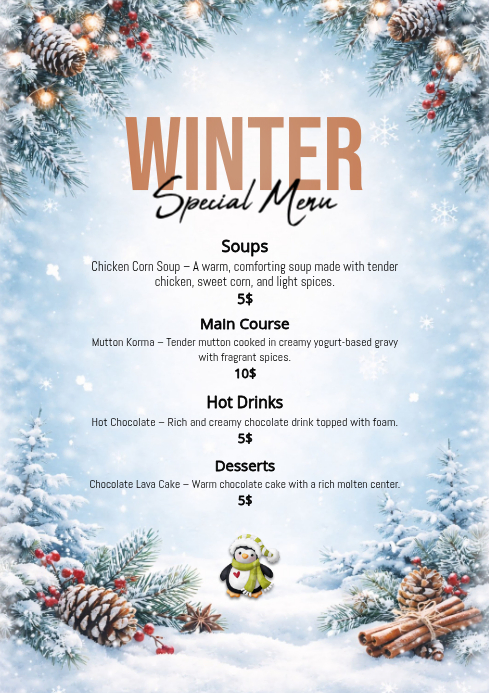 Winter Menu Pattern White Winter Menu Template A4 | PosterMyWall