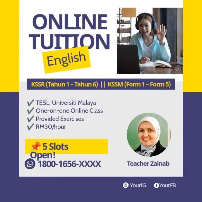White Yellow Blue Professional Online Tuition English  Instagram Post template