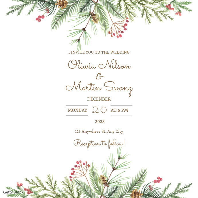 WhiteFloral Christmas Wedding Invitation Card Kwadrat (1:1) template