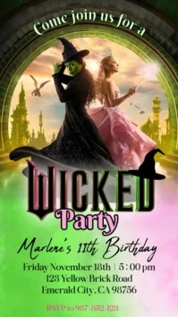 Wicked party, elpheba, Glinda, green, pink invitation card Historia de Instagram template