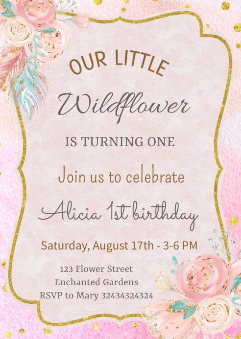 Wildflower First Birthday Invitation A6 template