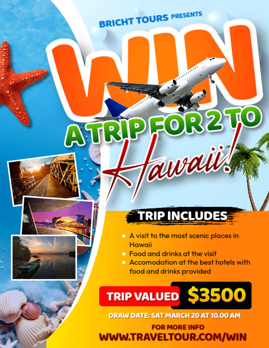 Win a trip to hawaii holiday vacation competition promotion flyer poster template design examples Folheto (US Letter)