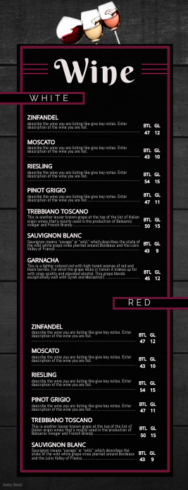 wine menu red & white Half Page Letter template