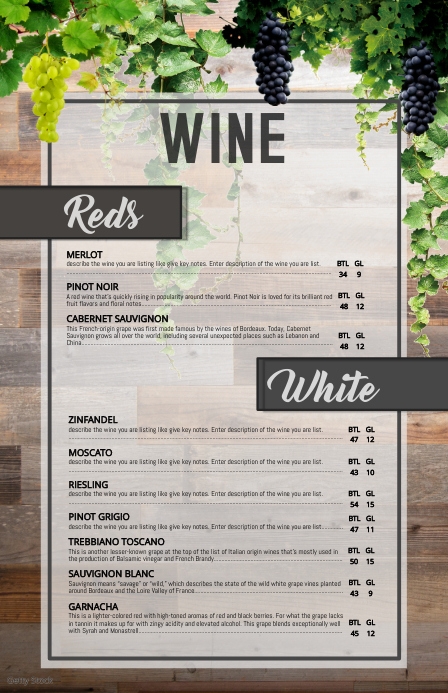 wine menu RED AND WHITE Template | PosterMyWall