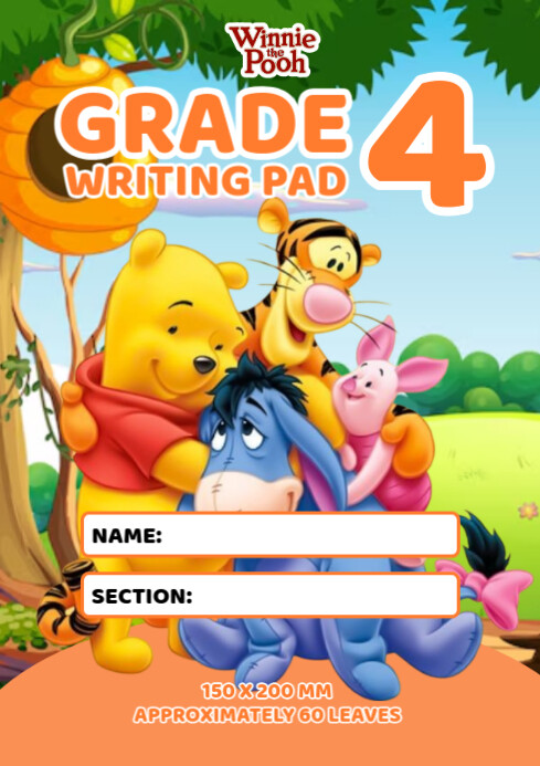 Winnie the Pooh Grade 4 Writing Pad Cover Template & name tag label ...