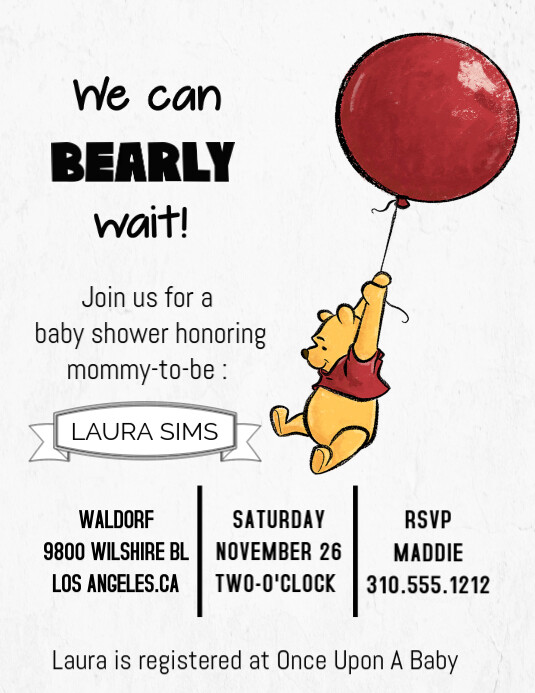 Winnie the Pooh We Can Bearly Wait With Balloon Baby Shower Flyer (US Letter) template