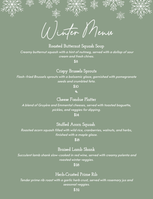 Winter Menu Examples Winter flyer menu template | PosterMyWall