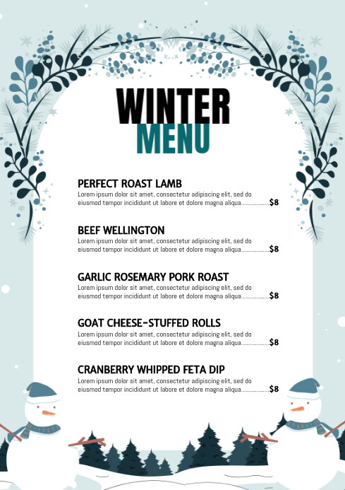 Winter Menu Pattern White Winter Menu A4 Template | PosterMyWall