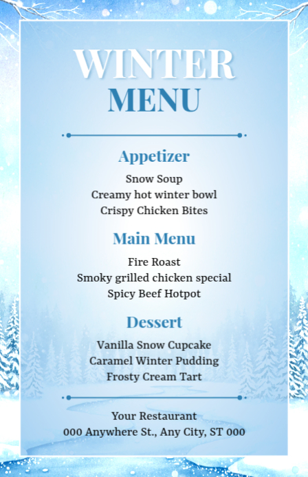 Winter Menu Display Blue Winter Menu Half Page Wide Template | PosterMyWall