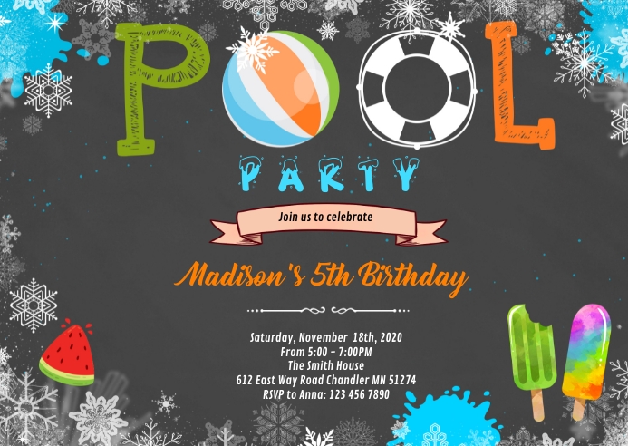 Winter pool party invitation A6 template