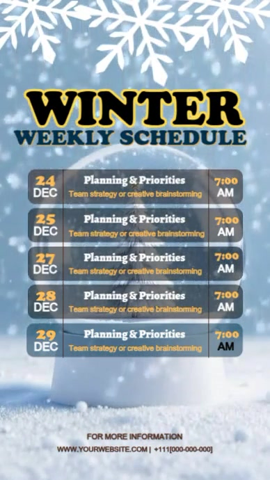 Winter Timetable Winter Weekly Schedule Template – Snow Theme Planner for Work & School ...