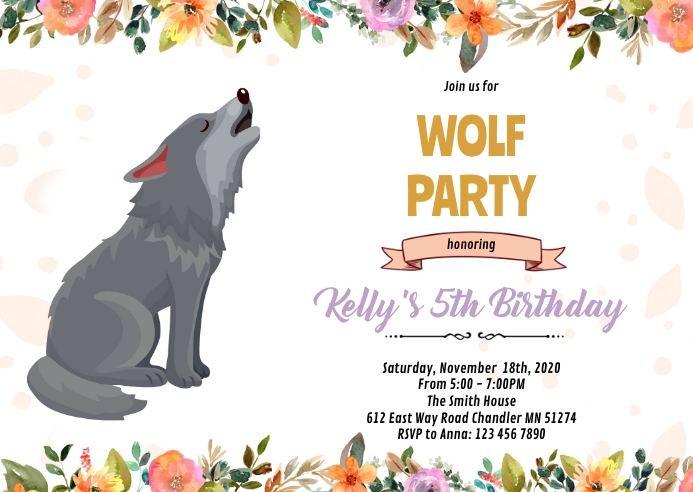 Wolf girl birthday invitation A6 template