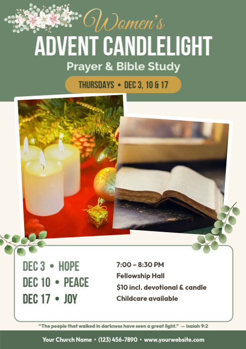 Women's Advent Candlelight Prayer And Bible Study Flyer Template ...