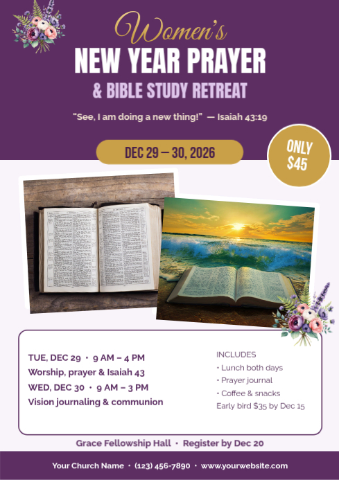 Women's New Year Prayer And Bible Study Retreat Flyer Template ...