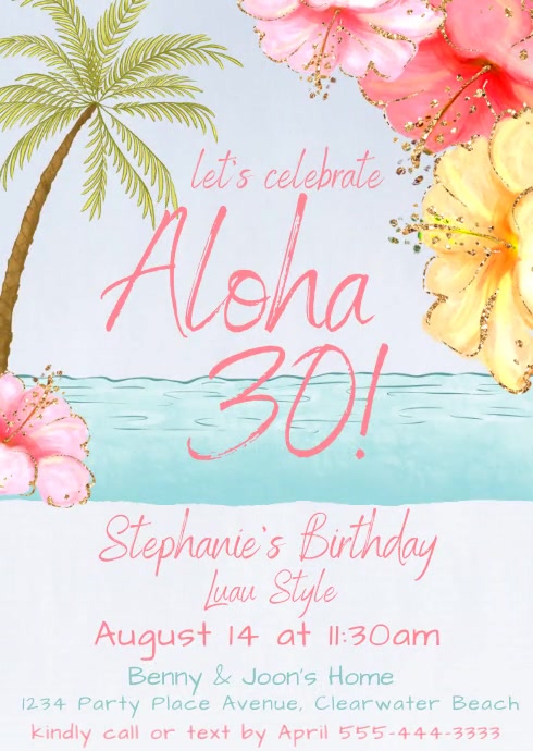 Women's Summer Aloha Birthday Invitation A6 template