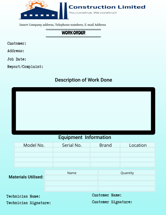 Printable Work Order Forms 17 Types Of Printable Work Order PDF