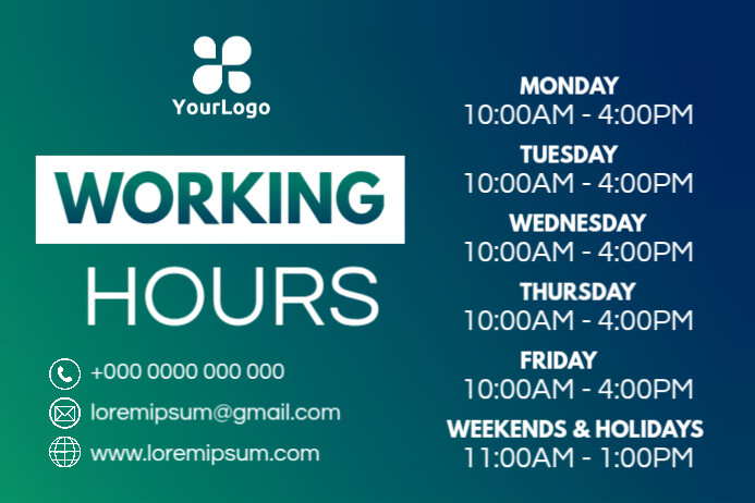 Working Time Hours working hours schedule template | PosterMyWall