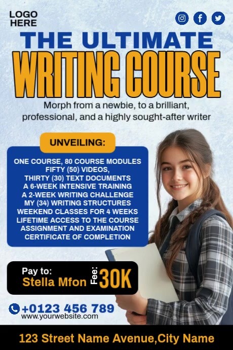 Writing Course Poster Writing Course Ads Template | PosterMyWall