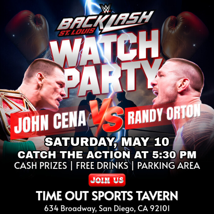 Plantilla de WWE Backlash 2025 Watch Party John Cena Vs Randy Orton ...