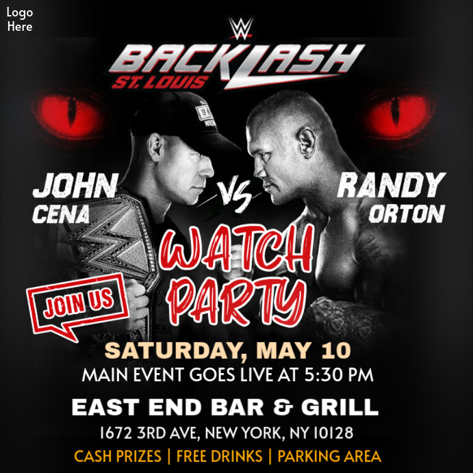 Plantilla de WWE Backlash 2025 John Cena Vs Randy Orton Watch Party ...