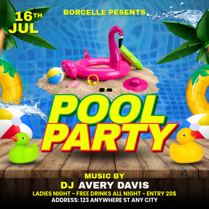 Yellow & Blue Pool Party Instagram Post Template | PosterMyWall