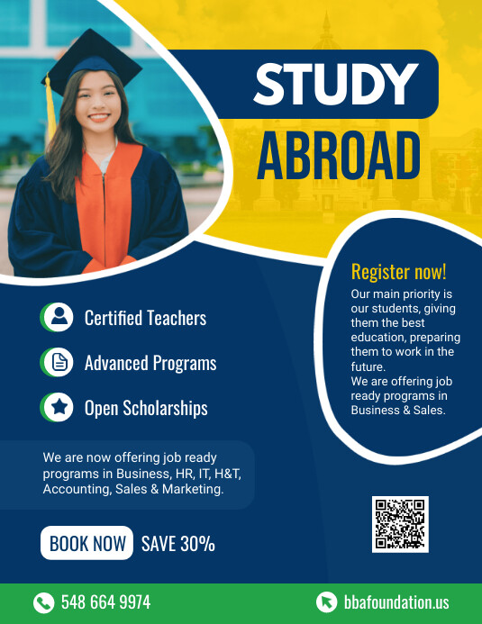Yellow and blue Study Abroad Flyer Template | PosterMyWall