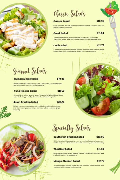 Yellow Berbasis Daftar Salad Menu Poster template