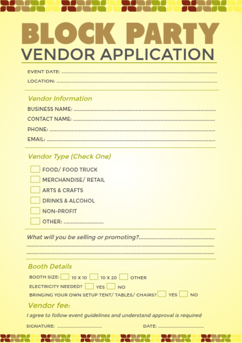 Yellow Block Party Vendor Application A4 Template | PosterMyWall