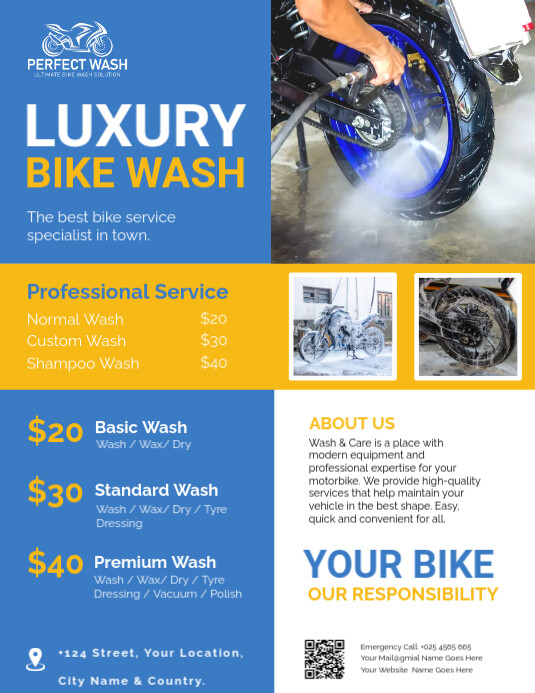 Yellow Blue Bike Wash Flyer Design Volantino (US Letter) template