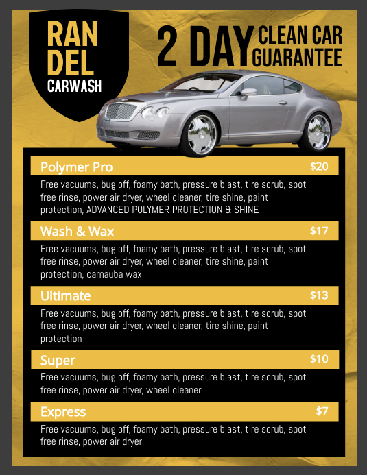 Yellow Car Wash Price List Templates Folheto (US Letter)