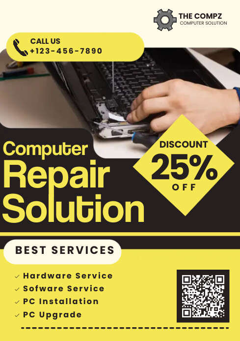 Yellow Computer Repair Solution Template | PosterMyWall