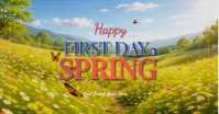 Yellow First Day Of Spring Animated Banner Template | Spring Equinox Spring Meadow Landscape Design ภาพที่แชร์บน Facebook
