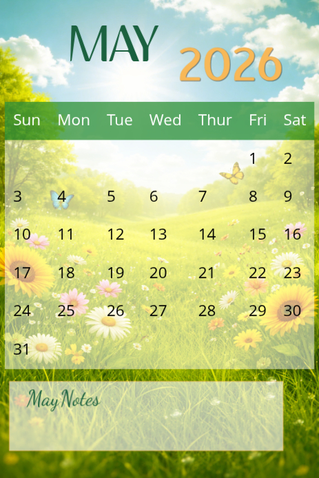 Yellow Floral May 2026 Calendar Pinterest Graphic Template | PosterMyWall