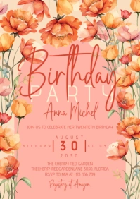 Elegant Garden Party Yellow Orange Floral Pastel Wildflowers Invitation A5 template