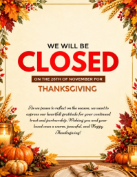 สีเหลือง Thanksgiving Closure Announcement Flyer Template