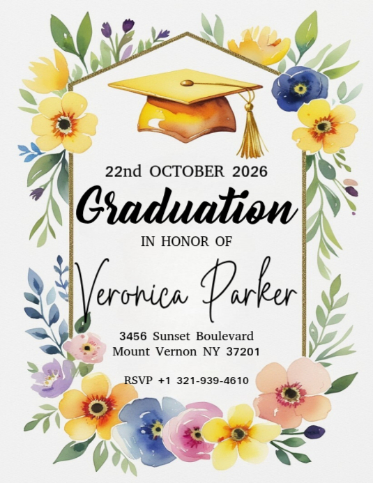 yellow graduation cap floral graduation invitation Templat | PosterMyWall