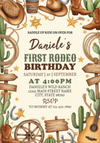 Yellow Illustrative Cowboy Birthday Invitation A4 template