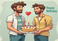 Yellow Illustrative Happy Birthday Gay Couple Postcard template