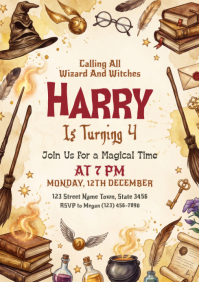 Yellow Illustrative Harry Potter Birthday Party A4 template