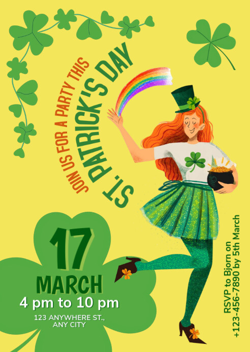 Yellow Illustrative St. Patrick's Day Party Invitation A6 template