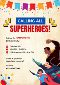 Yellow Ilustratif Superhero Kids Birthday Invitation A6 template