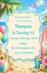 Yellow Joyful Beach Birthday Party Invitation Tabloid template