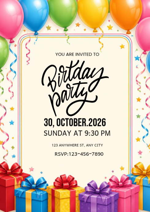 Yellow Joyful Birthday Party Invitation A4 Template | PosterMyWall