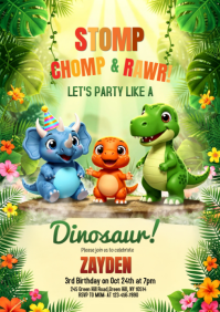 Yellow Joyful Dinosaur Birthday Invitation A3 template